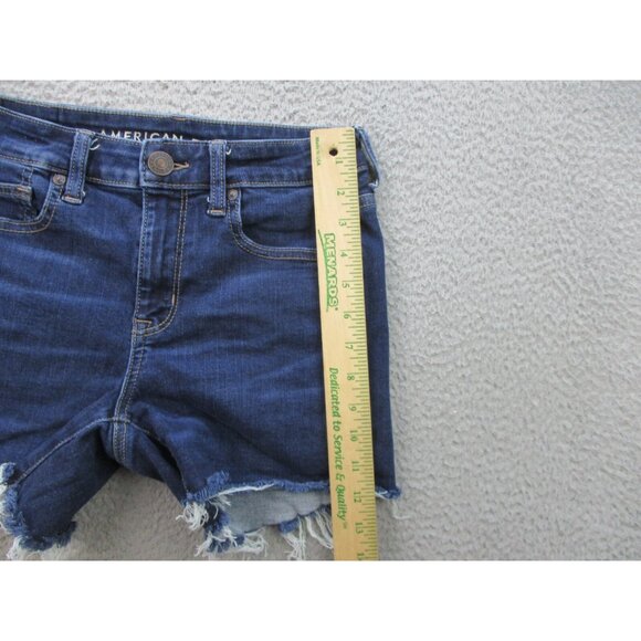 American Eagle Jeans Women's 2 Blue Denim Shorts Stretch Hi Rise Shortie Raw Hem - Picture 4 of 10
